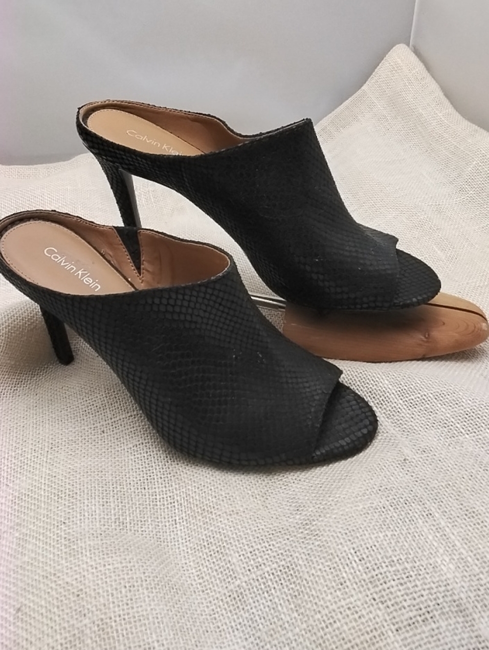Calvin Klein Black Textured Open-Toe Mule Heels